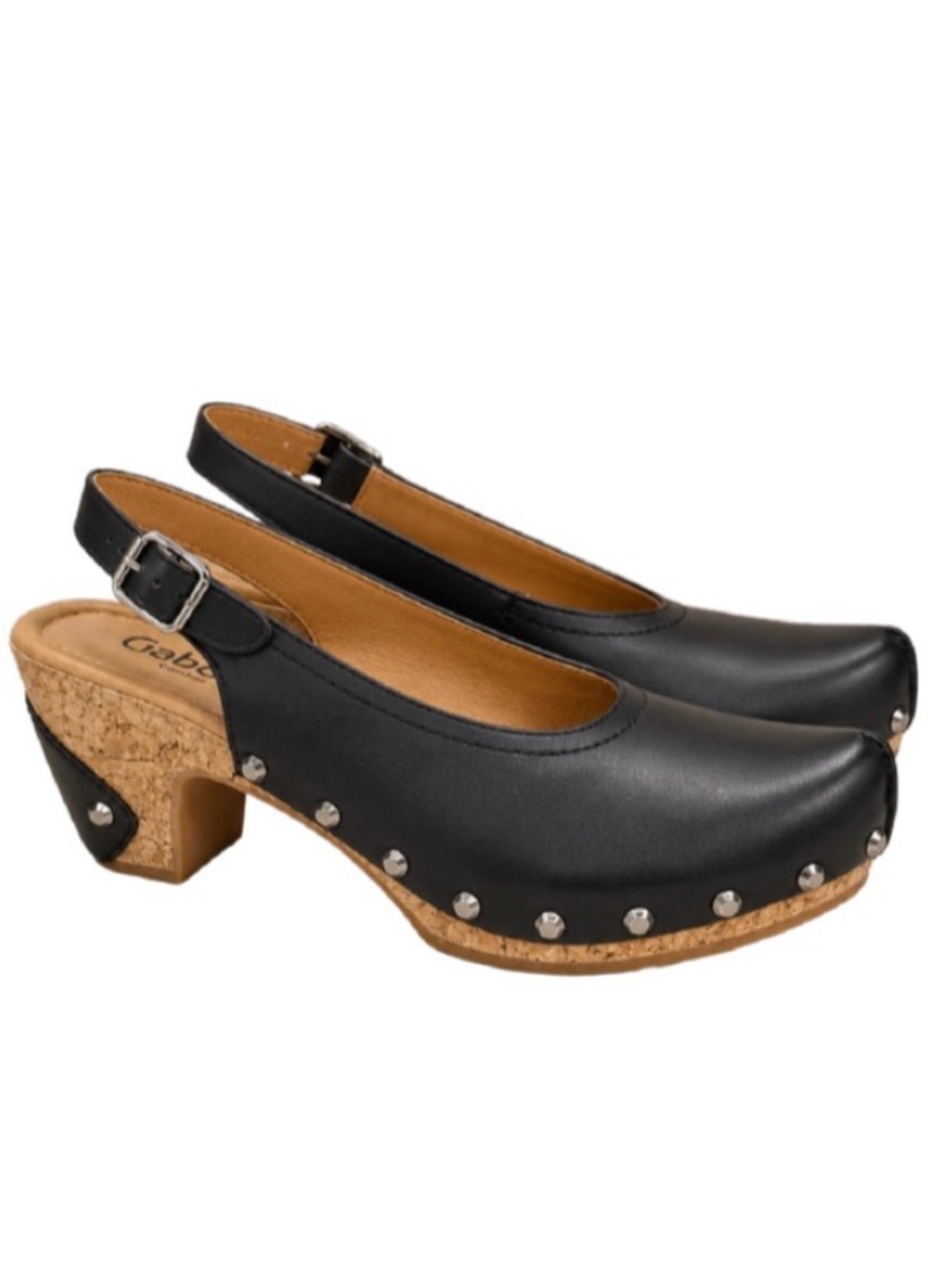 Gabor Black Leather Studded Slingback Clogs | 9